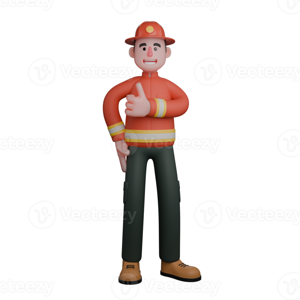 Petugas Pemadam Kebakaran Pria. Alat pemadam kebakaran berdiri dengan tangan kanan di pinggang sementara tangan kiri membentuk simbol jempol atau sip Karakter Profesional 3D png
