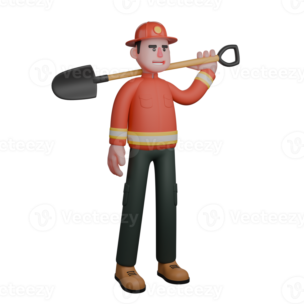 Professional 3D Male Firefighter. A firefighter stands with a shovel on his left shoulder. Rescue Character png