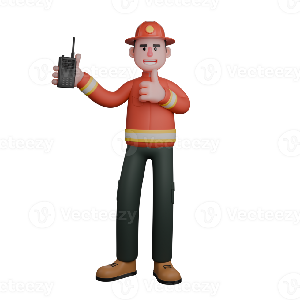 of 3D Male Firefighter. A firefighter uses a walkie-talkie while giving a thumbs up sign. Professional Cartoon png
