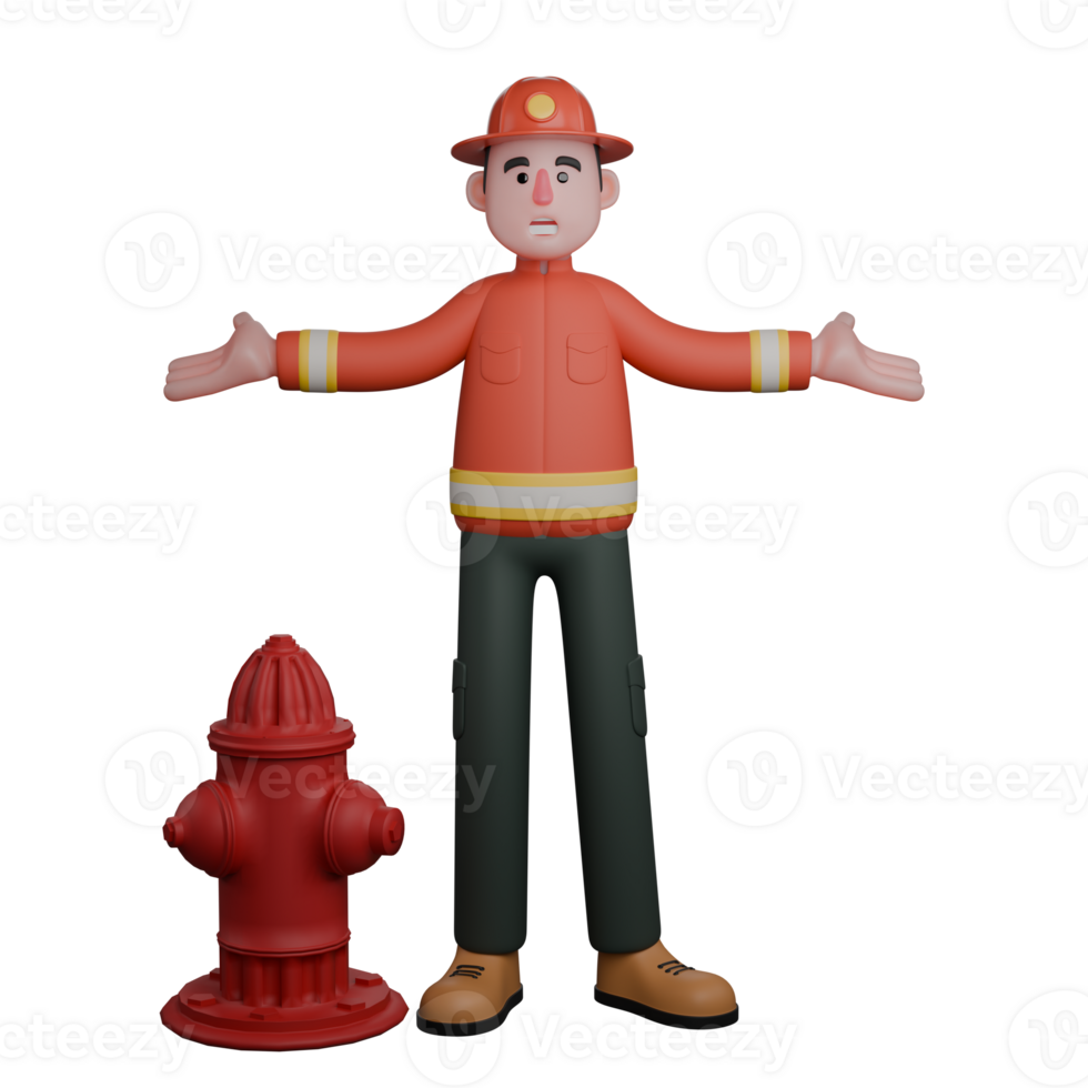 Male Firefighter in 3D. A firefighter stands with his arms outstretched, to his right is a fire hydrant.. Professional png