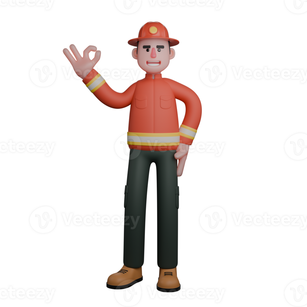 3D Firefighter Male in Professional Setting. A firefighter stands confidently with a smile, raising his right hand to form an OK sign. Cartoon png