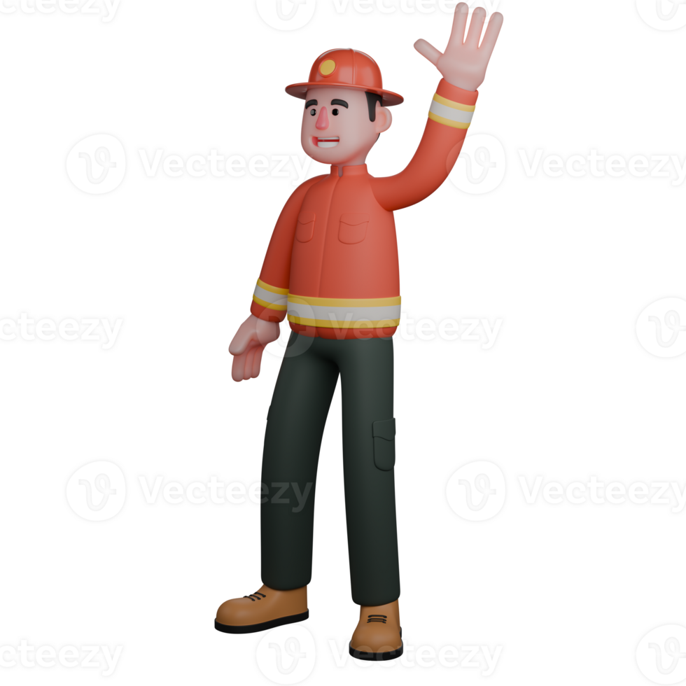 3D Professional Male in Firefighter Role. A firefighter stands with one hand raised high, waving with a friendly smile. Cartoon png