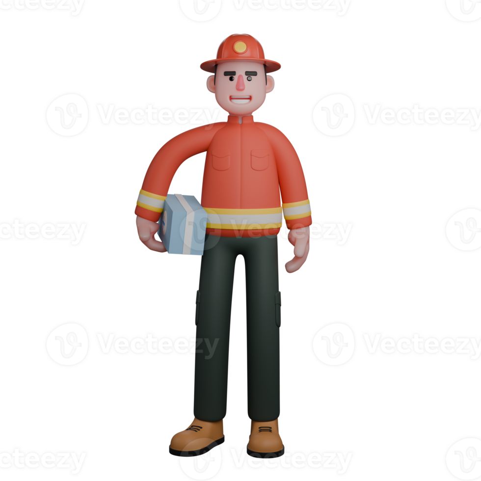 profissional resgate masculino. uma bombeiro carrinhos segurando uma médico kit dentro dele mão. 3d bombeiro png