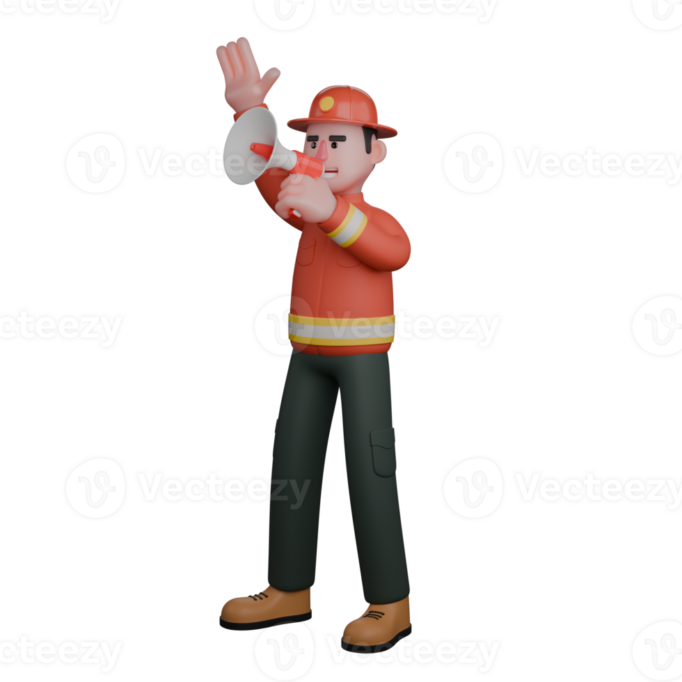 3D Male Rescue Character. A firefighter is using a megaphone to deliver important instructions or warnings to the surrounding people. Firefighter Professional png
