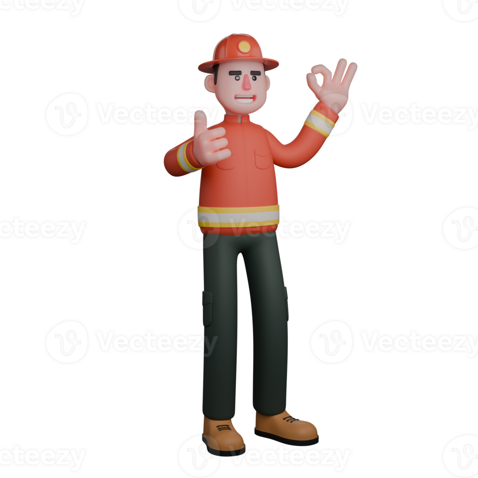 3D Rescue Firefighter Male. A firefighter gives an okay hand gesture with a smile, indicating that the situation is under control and safe. Professional png