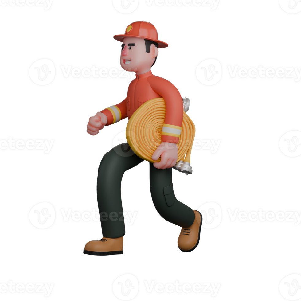 Male Firefighter 3D Cartoon. A firefighter is running while holding a rolled-up fire hose, demonstrating readiness to respond to an emergency situation. Professional Rescue png
