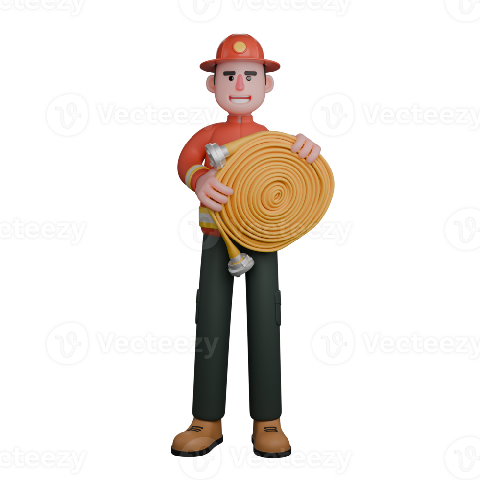 Professional Male in 3D - Firefighter. A firefighter is holding a rolled-up fire hose with a confident smile. Cartoon png