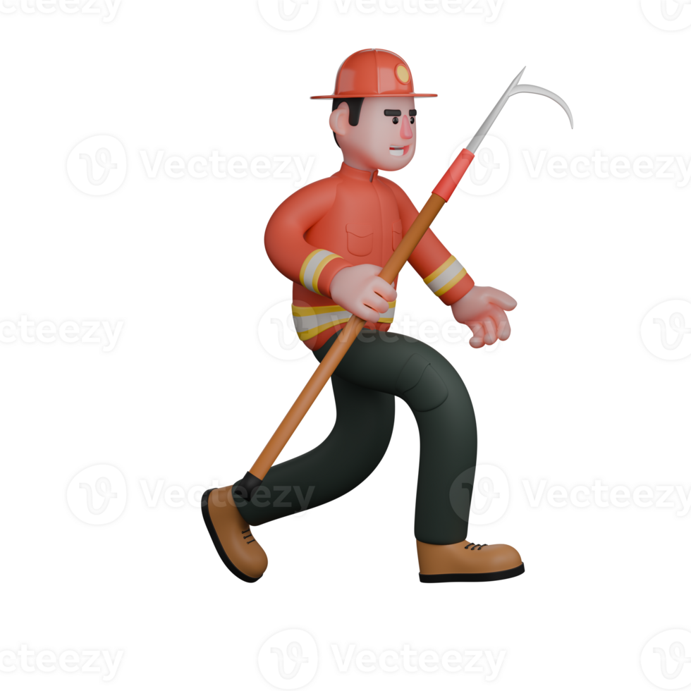 Rescue Firefighter Professional in 3D. A firefighter runs while holding a long hook tool, ready for use in rescue operations. Male png
