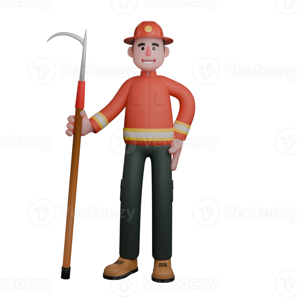 Male Firefighter 3D Professional. A firefighter smiles while holding a long hook tool used to assist in firefighting tasks, such as pulling burning materials or gaining access to hidden areas png