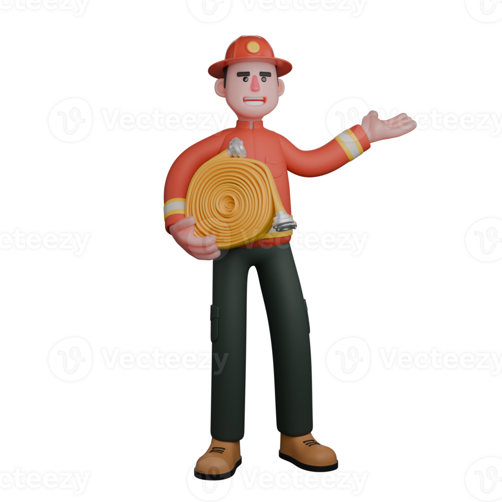 Professional 3D Male Rescue Firefighter. A firefighter holds a rolled-up hose while giving instructions with one hand raised. Cartoon png