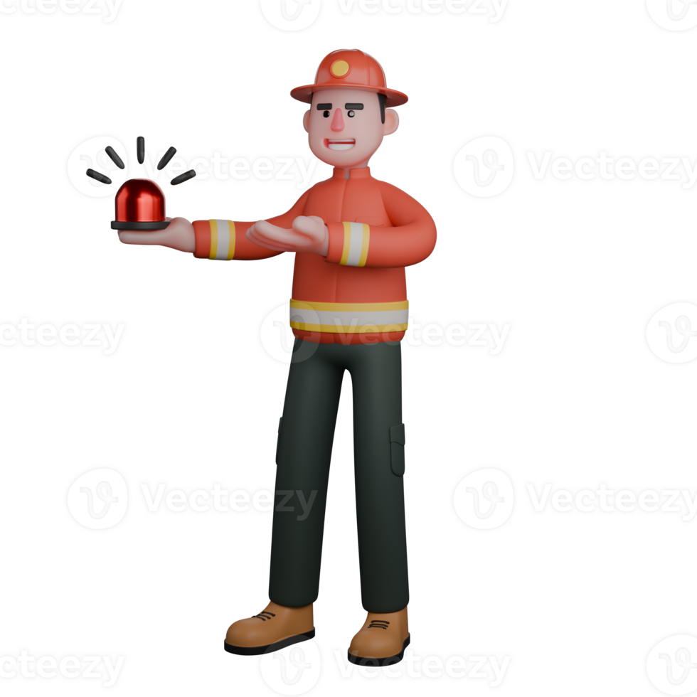 3D Male Firefighter in Rescue Profession. A firefighter holds a flashing emergency light. His serious expression indicates he is issuing an important warning or directing an evacuation png