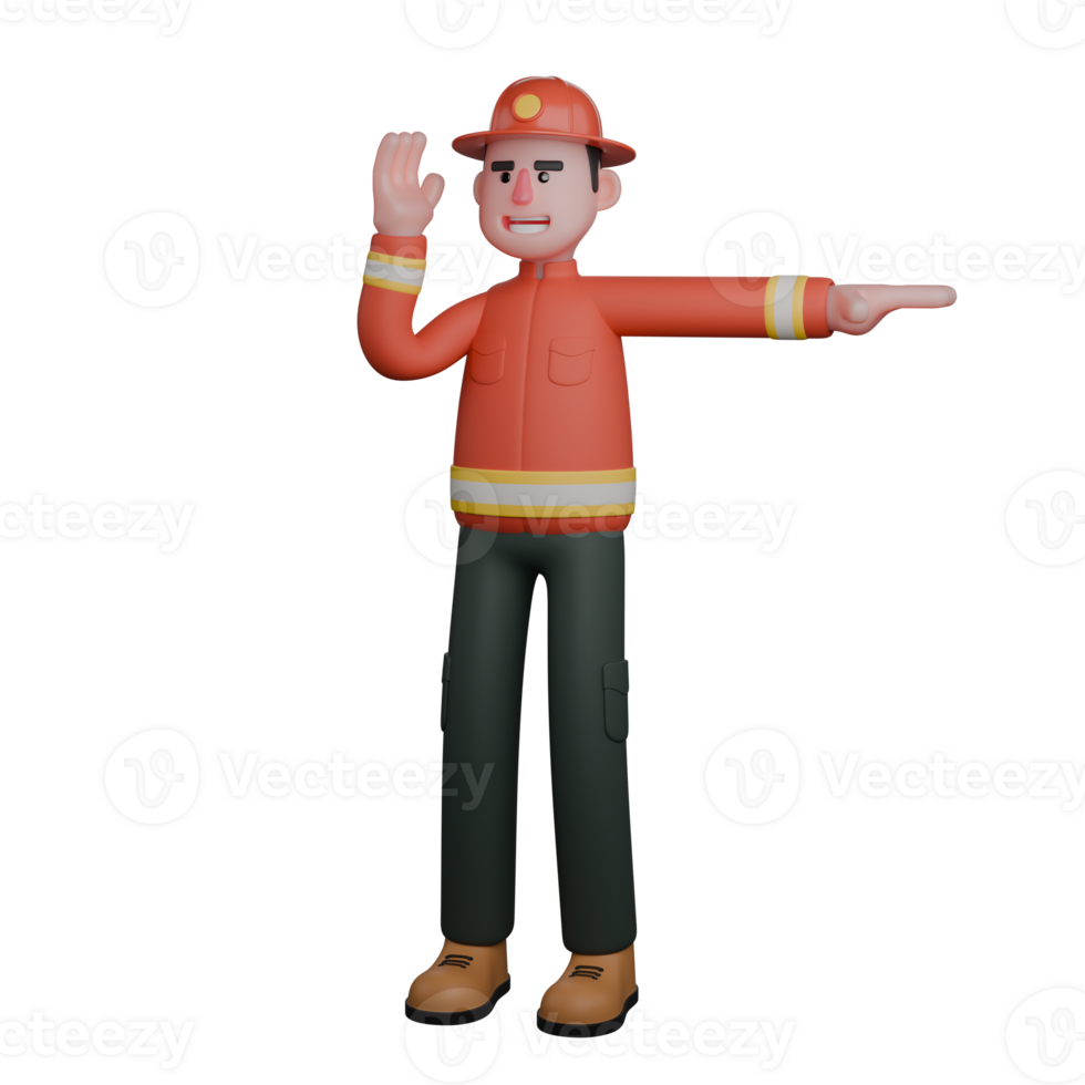 Professional Male Firefighter in 3D Animation. A firefighter is giving directional instructions to the team or citizens using hand gestures. Rescue png