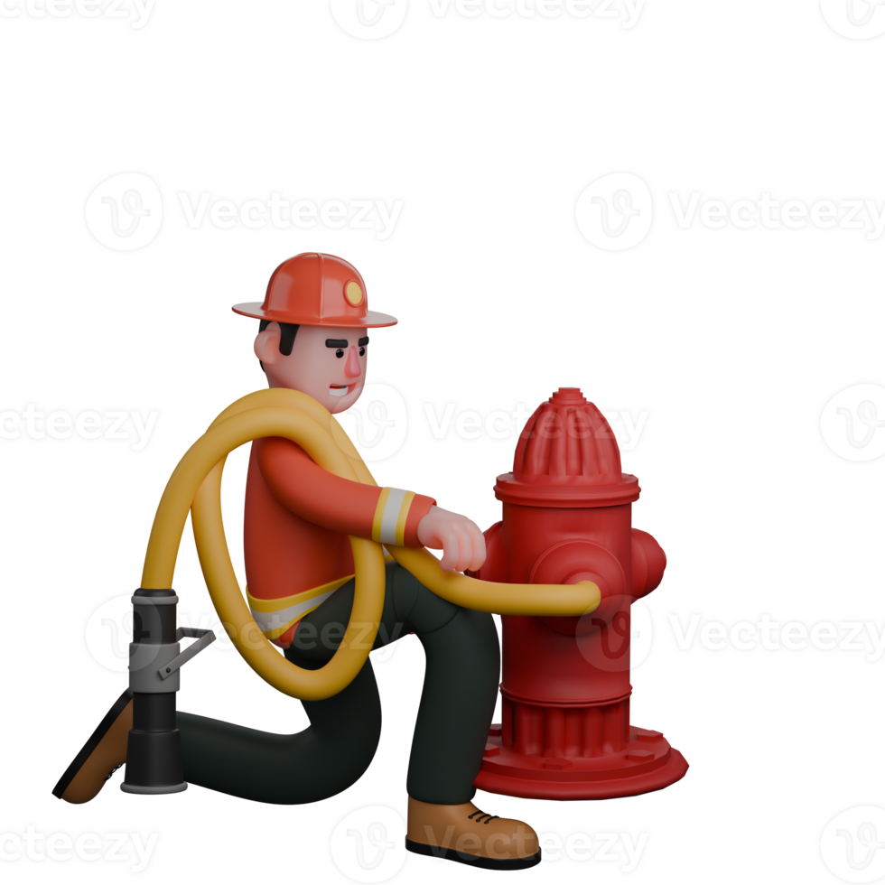 Male Professional Firefighter - 3D Character. A firefighter kneels beside a fire hydrant, connecting a fire hose in preparation for firefighting. Rescue png