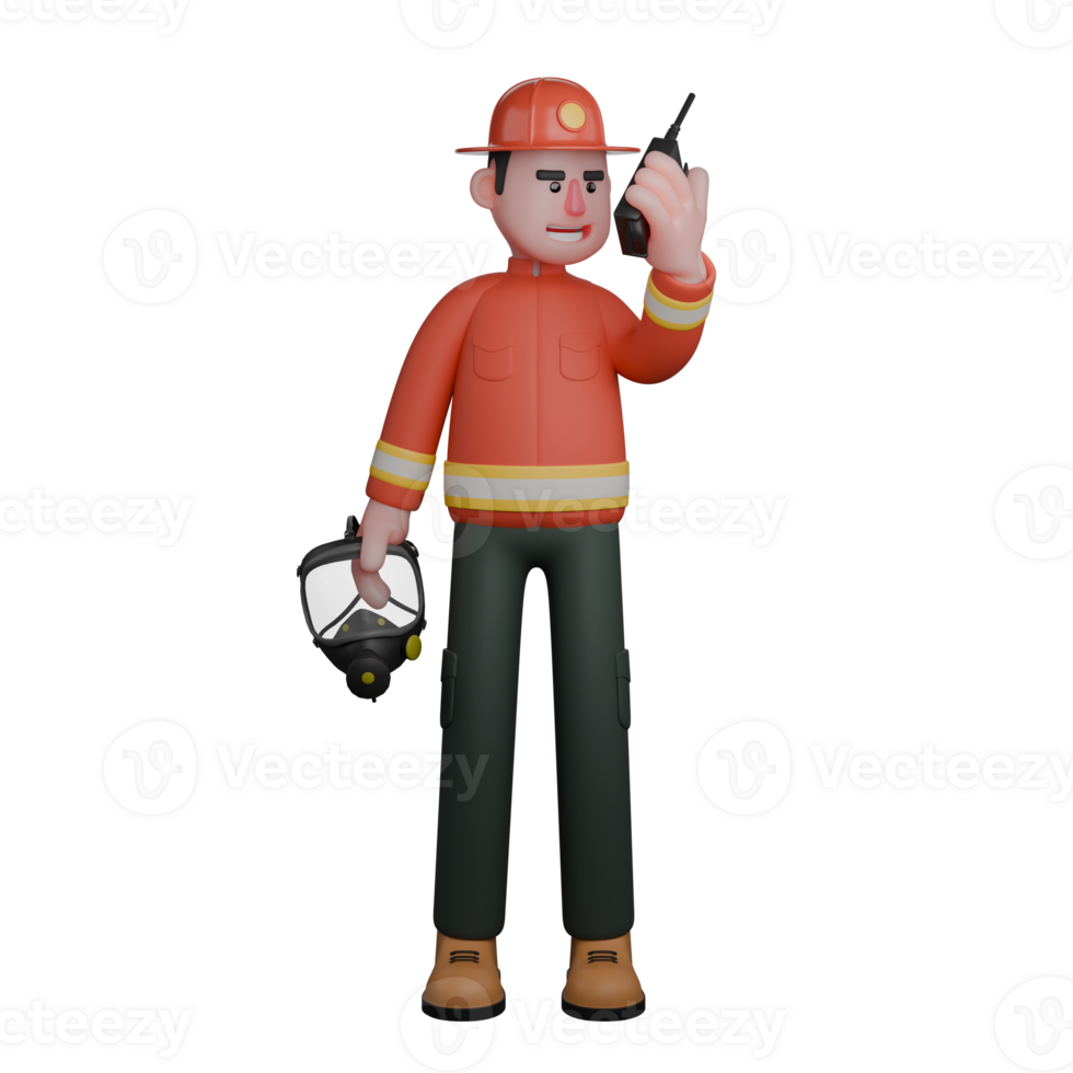 Illustrative 3D Male Firefighter. A firefighter uses a walkie-talkie to coordinate with his team while holding a protective mask. Professional png