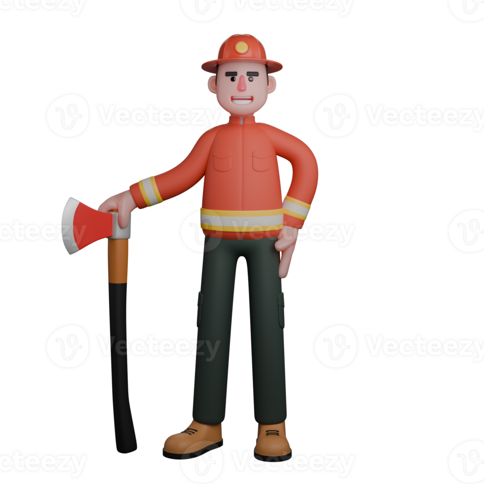 Male Firefighter in Rescue 3D. A firefighter stands confidently holding a fire axe. Professional Character png