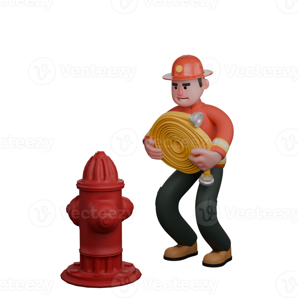 Professional Firefighter Character in 3D. A firefighter is preparing a fire hose near a hydrant. Male png