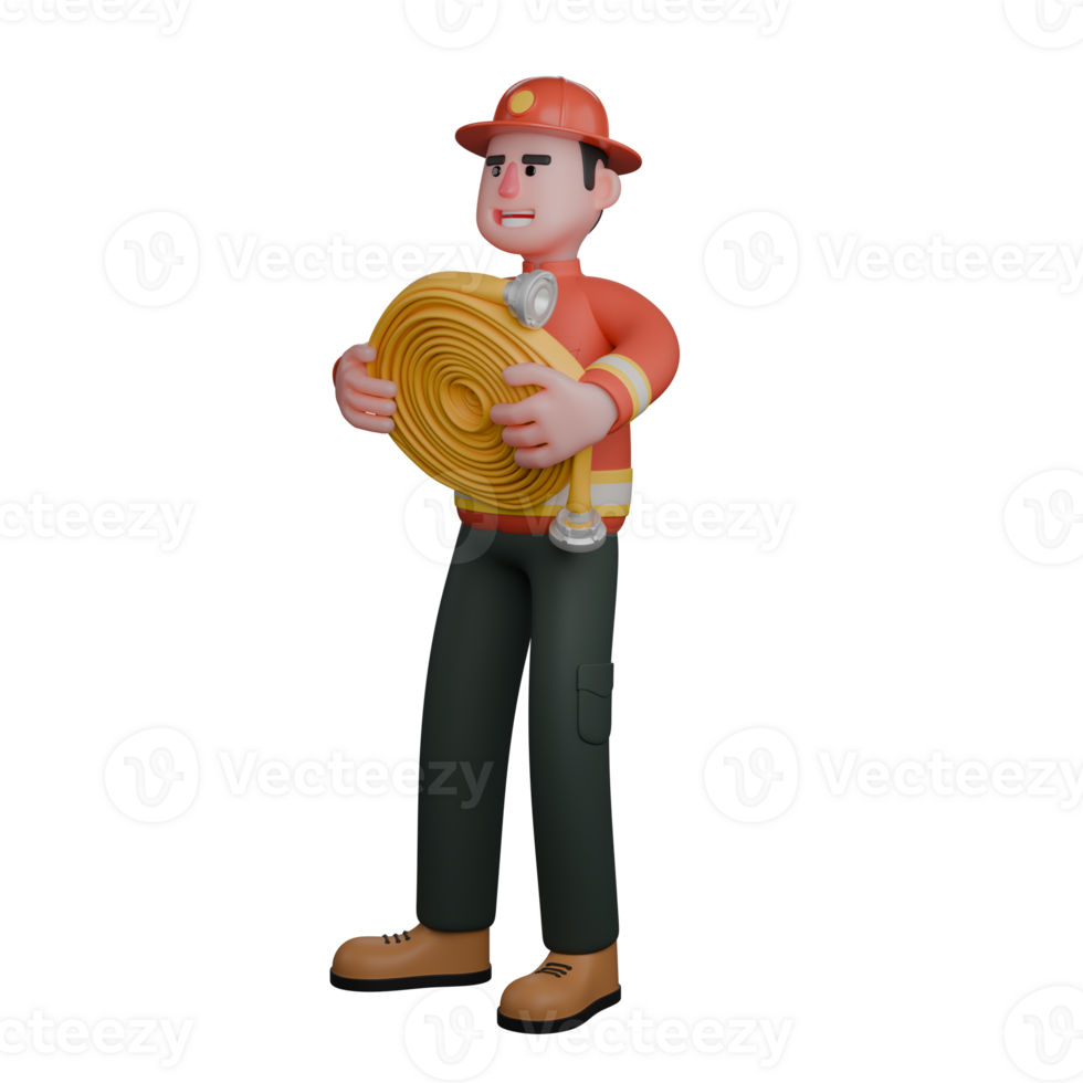 Male Rescue Professional in 3D. A firefighter is seen carrying a rolled fire hose with both hands. Firefighter Cartoon png