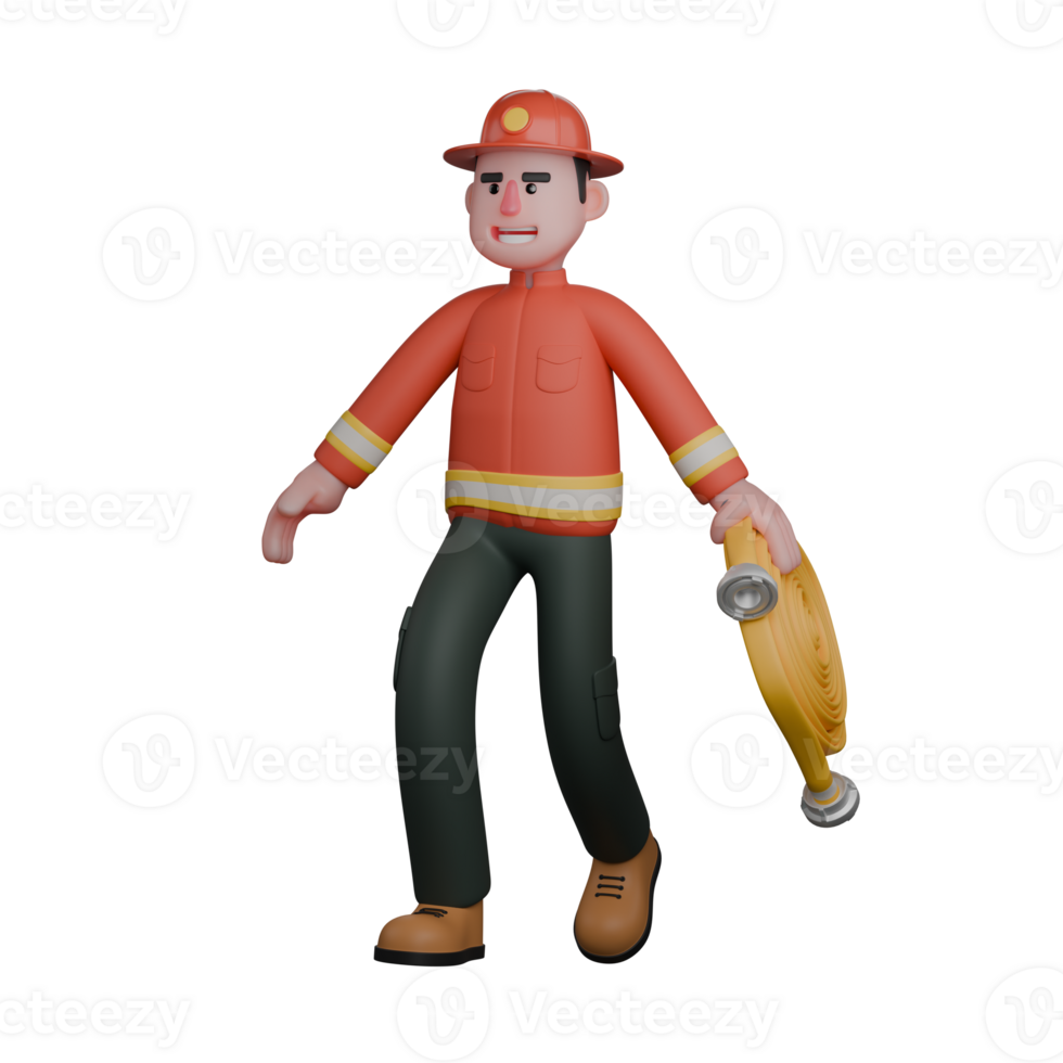 Firefighter in 3D. A firefighter is walking while carrying a rolled-up fire hose. Male Professional png