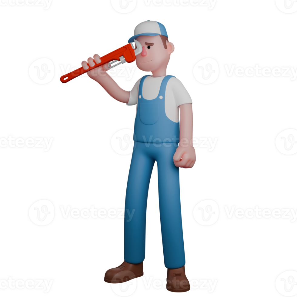 Automotive Expert 3D. A mechanic carefully inspects a pipe wrench. Mechanic Cartoon png