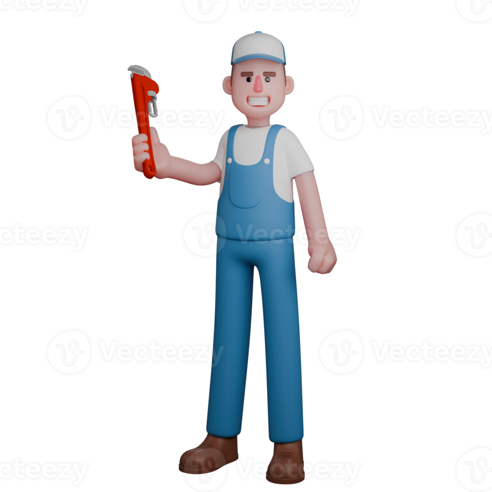 Male Mechanic in 3D. A mechanic stands with a confident expression, holding a pipe wrench in his right hand. Workshop Scene png