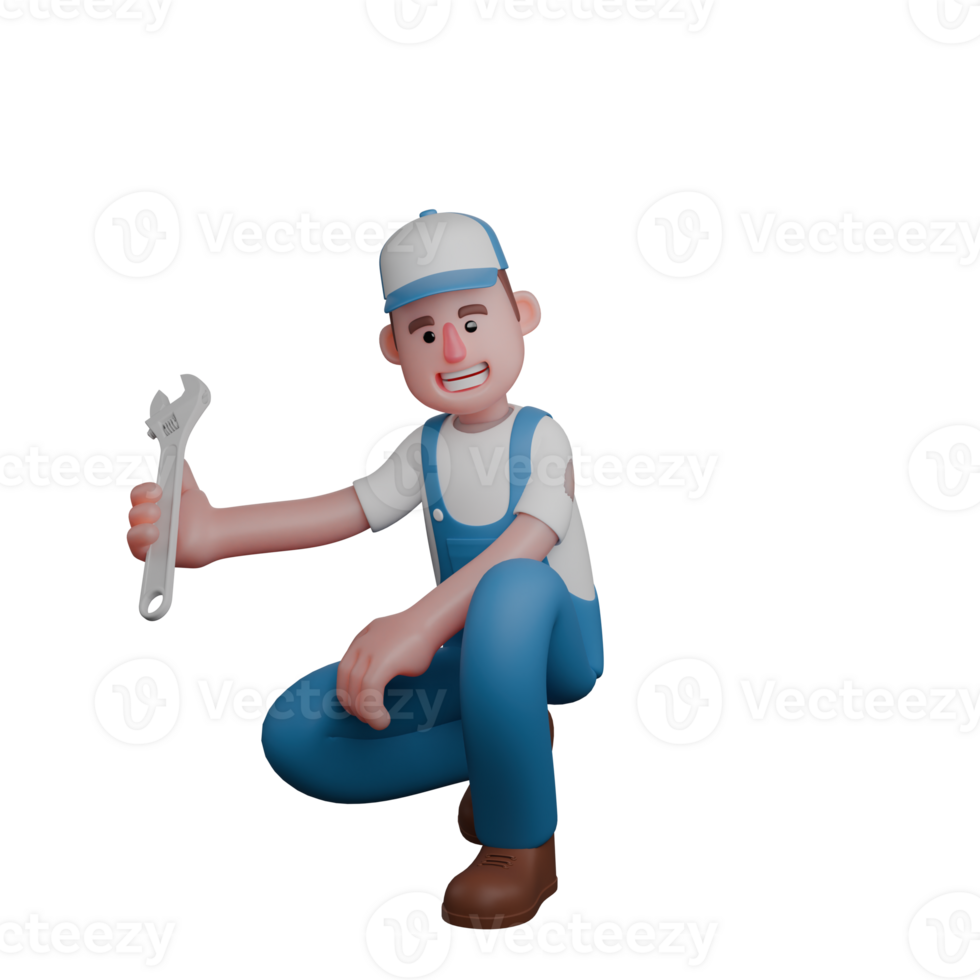 3D Male Automotive Expert. A mechanic crouches down holding a wrench. Illustrated Character png
