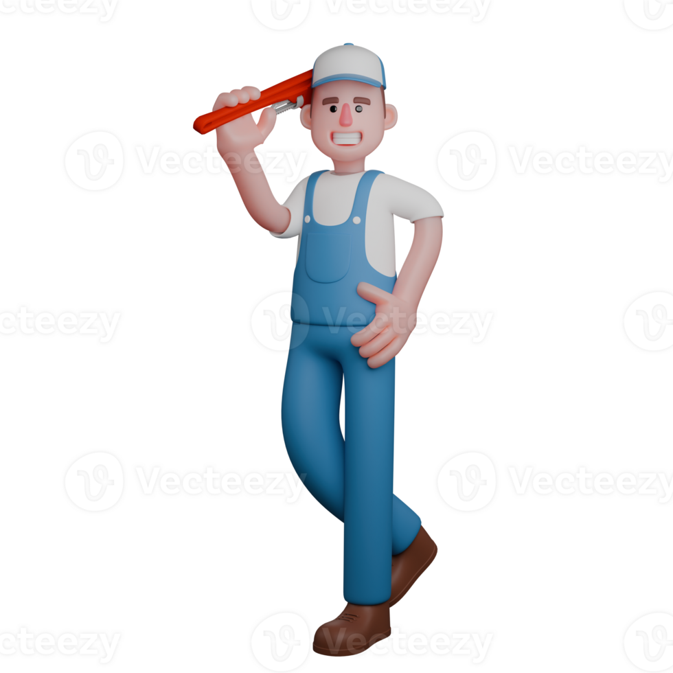 3D Cartoon Mechanic. A mechanic stands casually, holding a pipe wrench in his right hand while resting his left hand on his waist. Automotive Expert png