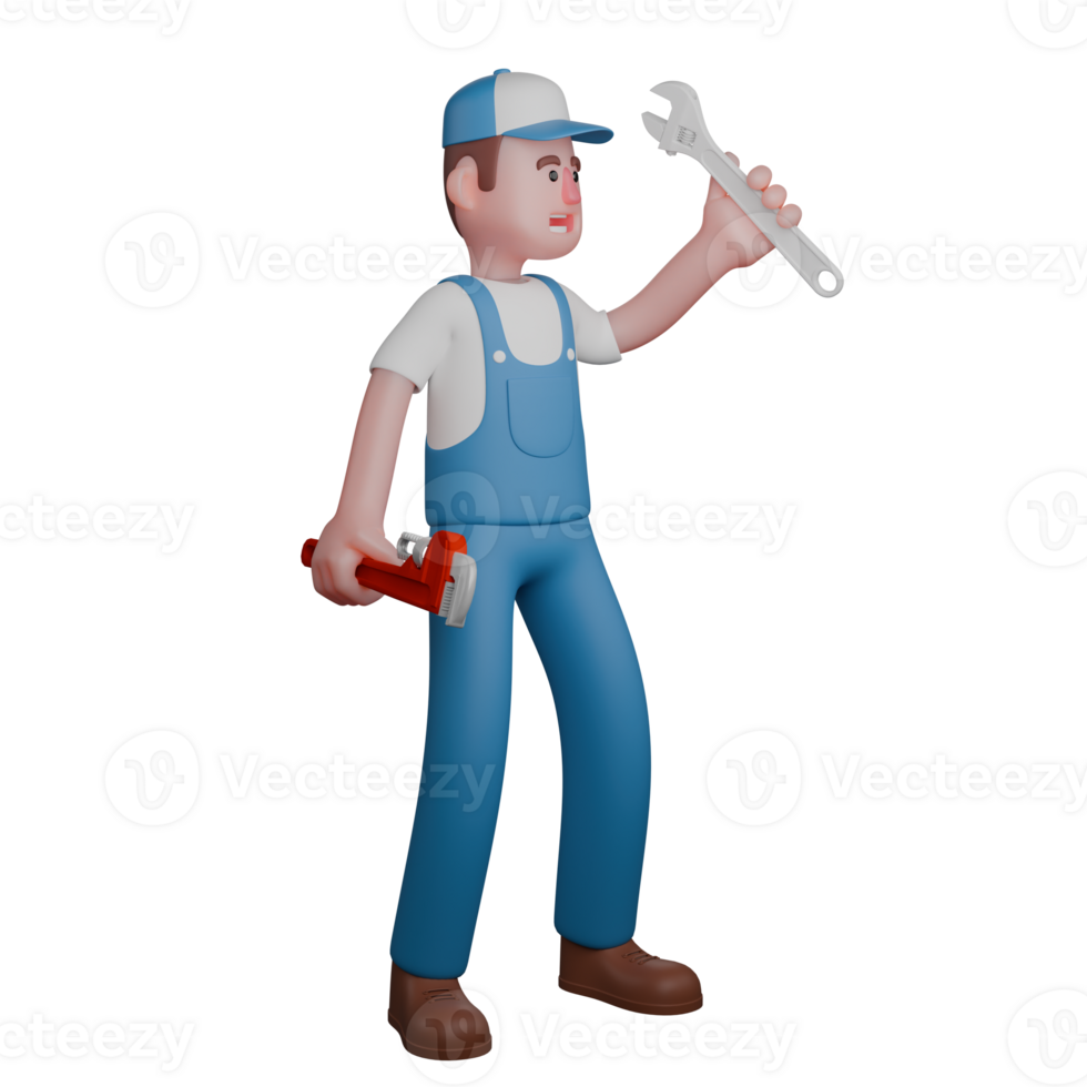 Male Mechanic 3D Model. A mechanic is holding a wrench in his right hand while holding a pipe wrench in his left hand. Auto Workshop png