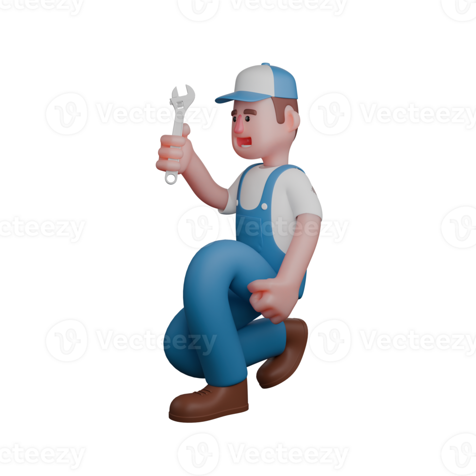 of a Professional Mechanic. A mechanic is kneeling with a serious expression while holding a wrench. 3D Male png