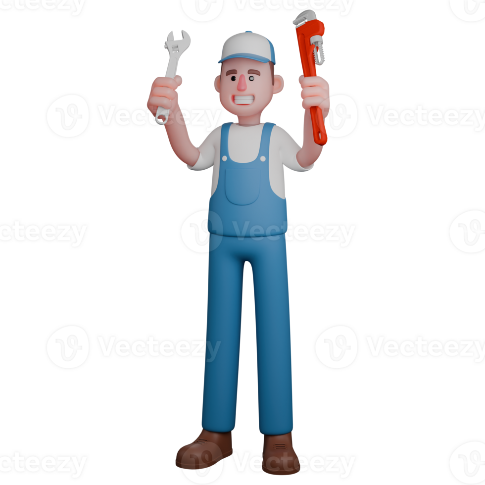 Automotive Technician in 3D.A mechanic is smiling while holding up two essential tools in his work a wrench and a pipe wrench. Cartoon Mechanic png
