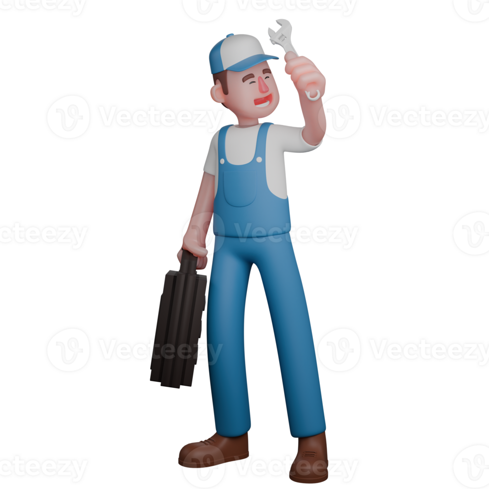 3D Male Mechanic Working. A cheerful mechanic holds a wrench in one hand and a briefcase in the other, showing his pride in his profession. Garage Cartoon png