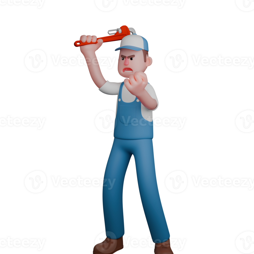 Mechanic Character 3D. A mechanic appears angry while holding a pipe wrench up in his hand. Illustrated Male Worker png