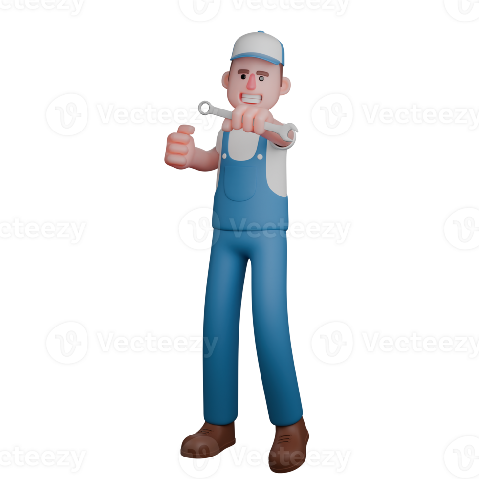 Illustrative 3D Male Mechanic. An enthusiastic mechanic wearing a blue uniform, holding up a wrench in a spirited pose. Automotive Leader png