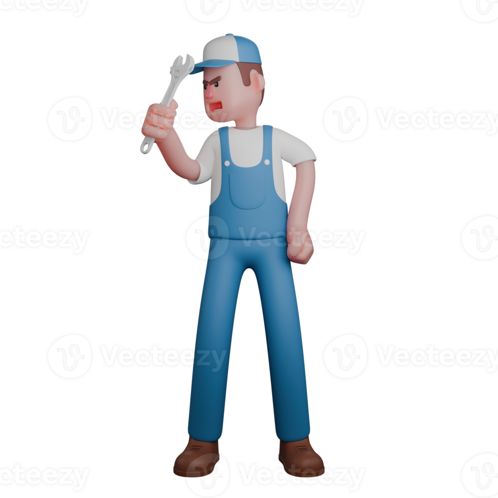 Cartoon Male Mechanic. A mechanic is seen carrying a wrench with great enthusiasm and readines. 3D Car Repair png