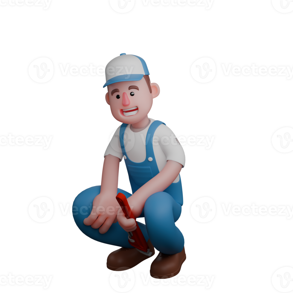 Male Mechanic Character. A mechanic crouches while holding a pipe wrench, demonstrating focus and seriousness in his work. 3D Technical Style png