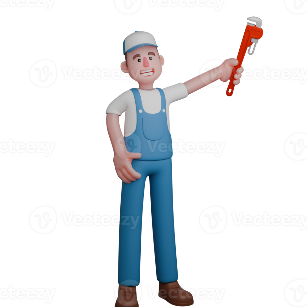 of Mechanic. A mechanic enthusiastically raises a pipe wrench high, demonstrating enthusiasm and readiness for work. Vehicle Repair Specialist png