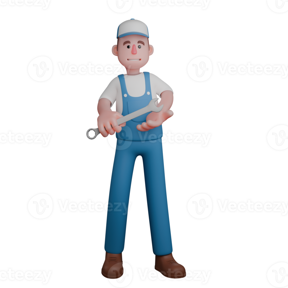 Professional Mechanic 3D Art. A mechanic holds a wrench with both hands, showcasing his readiness to work. Male Character png