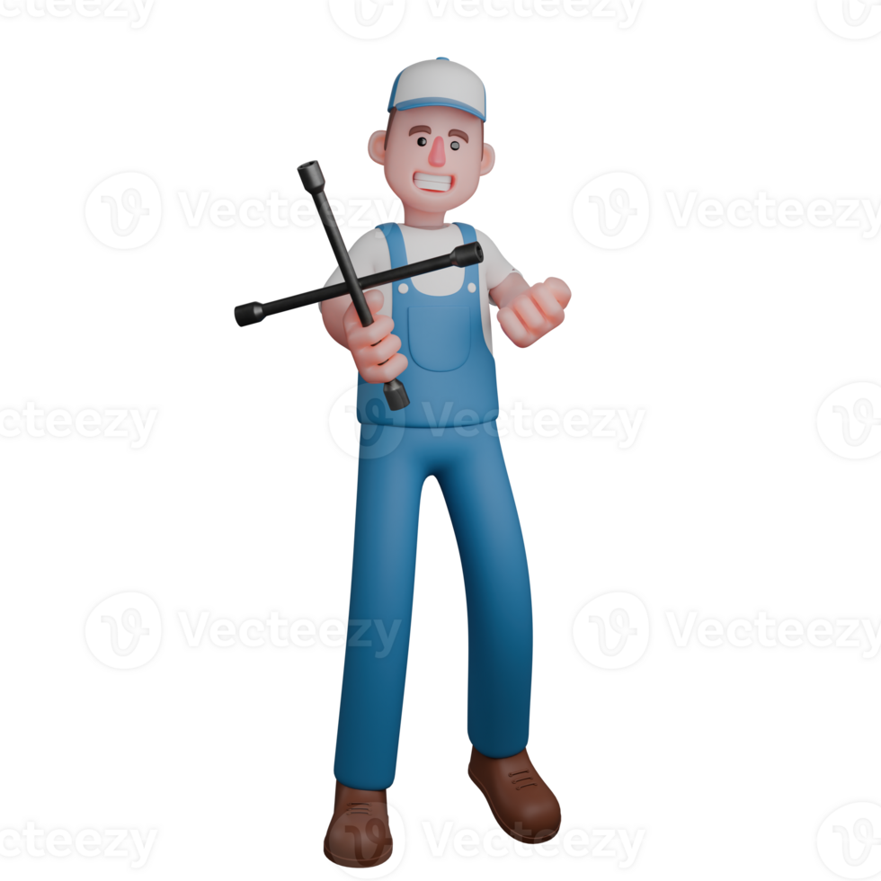 Automotive Service Provider 3D. A mechanic smiles while holding a cross wheel wrench in his hand. Male Mechanic Cartoon png