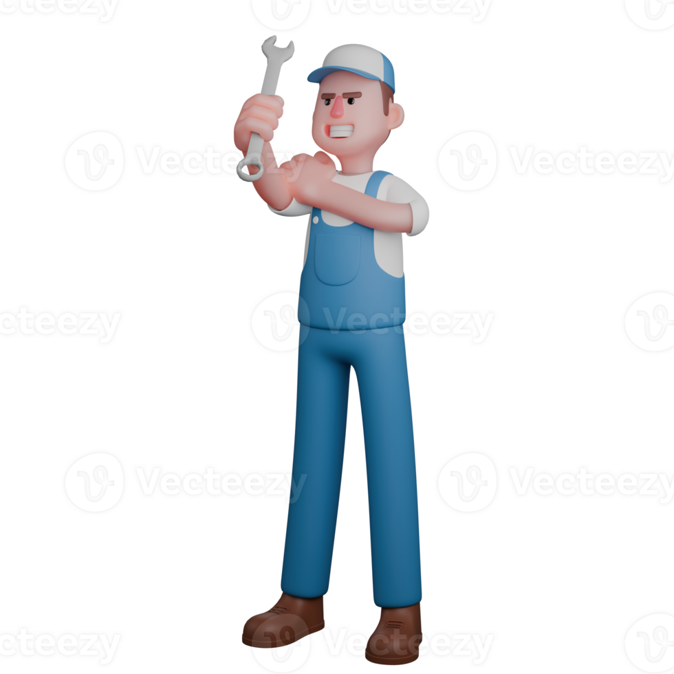Male Mechanic with Tools. A mechanic with a serious expression, wearing a blue uniform, holding a wrench with determination png