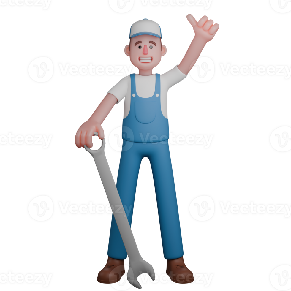 Professional Male Mechanic in 3D. A friendly mechanic in a blue uniform, holding a large wrench and waving enthusiastically. Automotive Character png