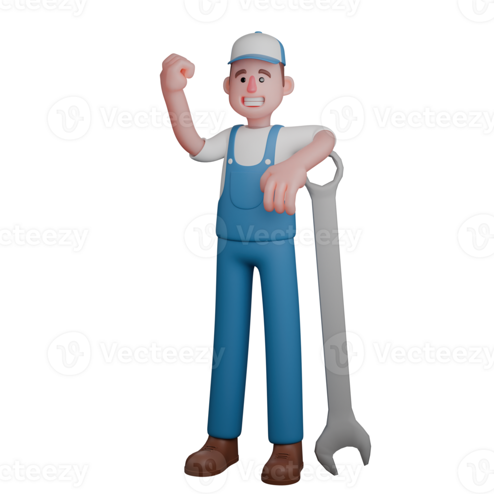 3D Automotive Expert. A cheerful mechanic in a blue uniform, leaning on a large wrench and raising his hand enthusiastically. Cartoon Male Mechanic png