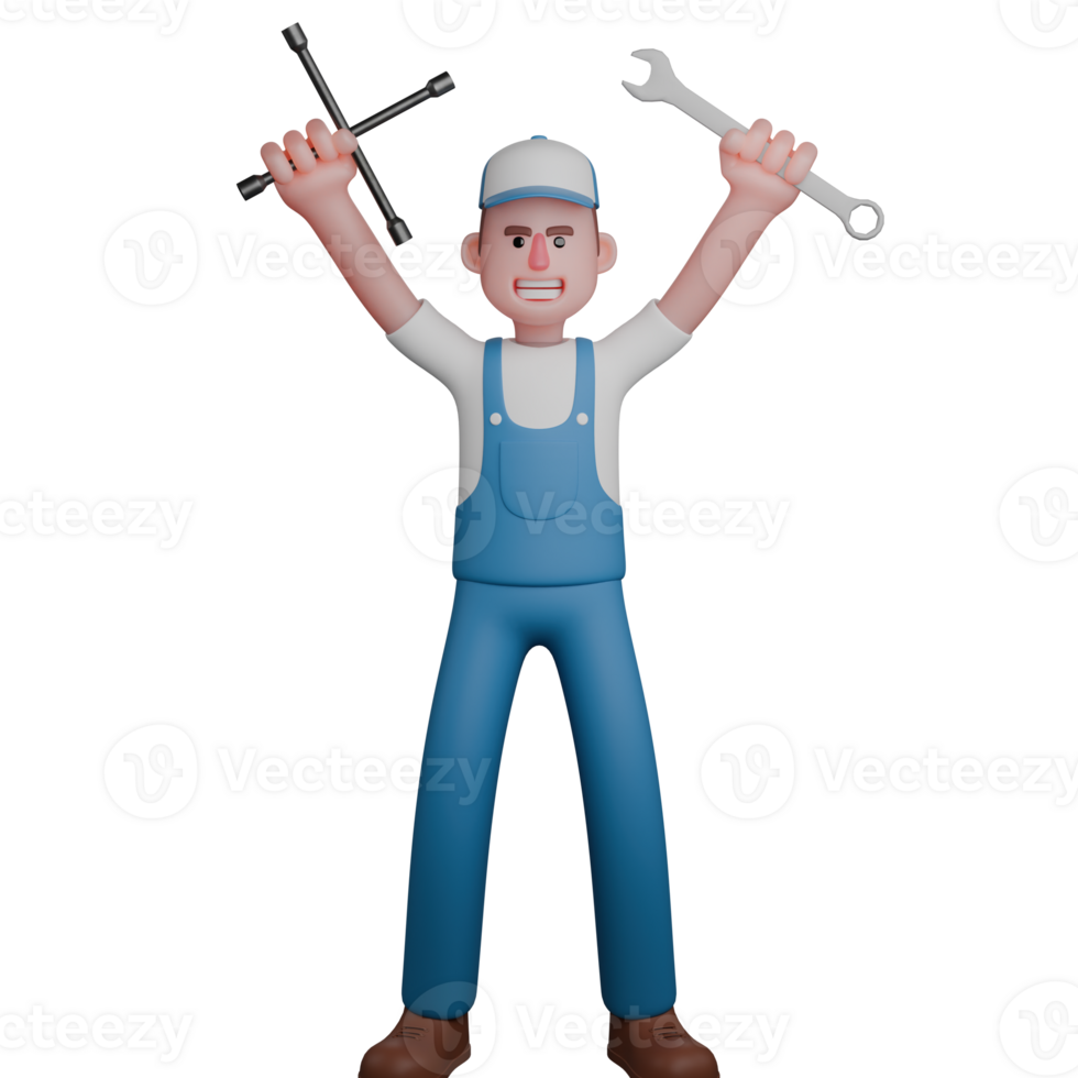 3D Male Mechanic Repairing. A mechanic raises two tools in both hands with enthusiasm. Automotive Cartoon png