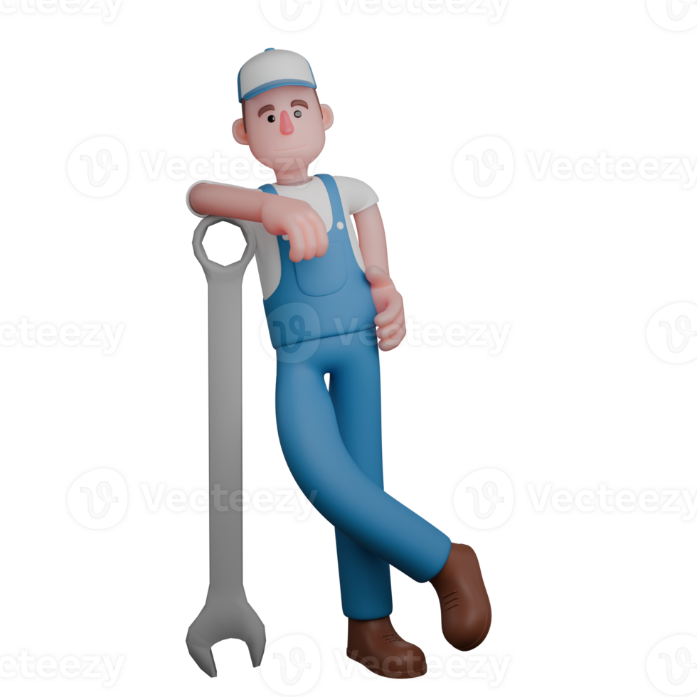 3D Animated Mechanic. A mechanic stands casually, leaning on a large wrench, displaying confidence and readiness in his job. Male Automotive Figure png