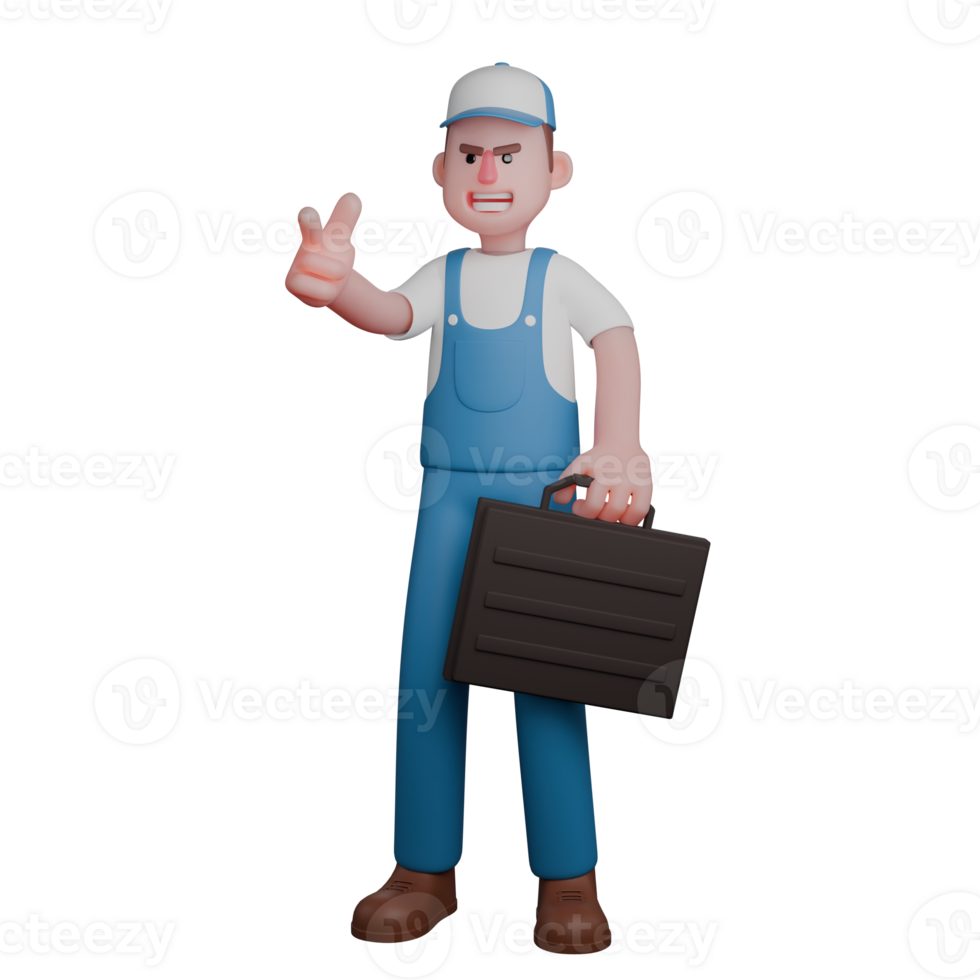 Animated Male Mechanic. A mechanic displays a determined stance with one hand pointing a finger and the other holding a toolbox. 3D Professional png