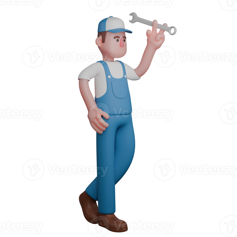 3D Cartoon Auto Technician. A mechanic stands casually with his legs crossed while holding a wrench up in the air with a confident style. Mechanical Action png