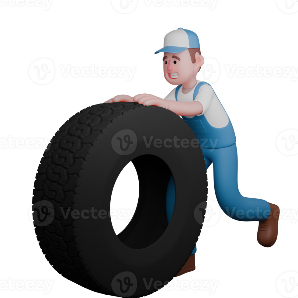 of an Automotive Expert. A mechanic runs with both hands pushing the wheel. Male Mechanic png
