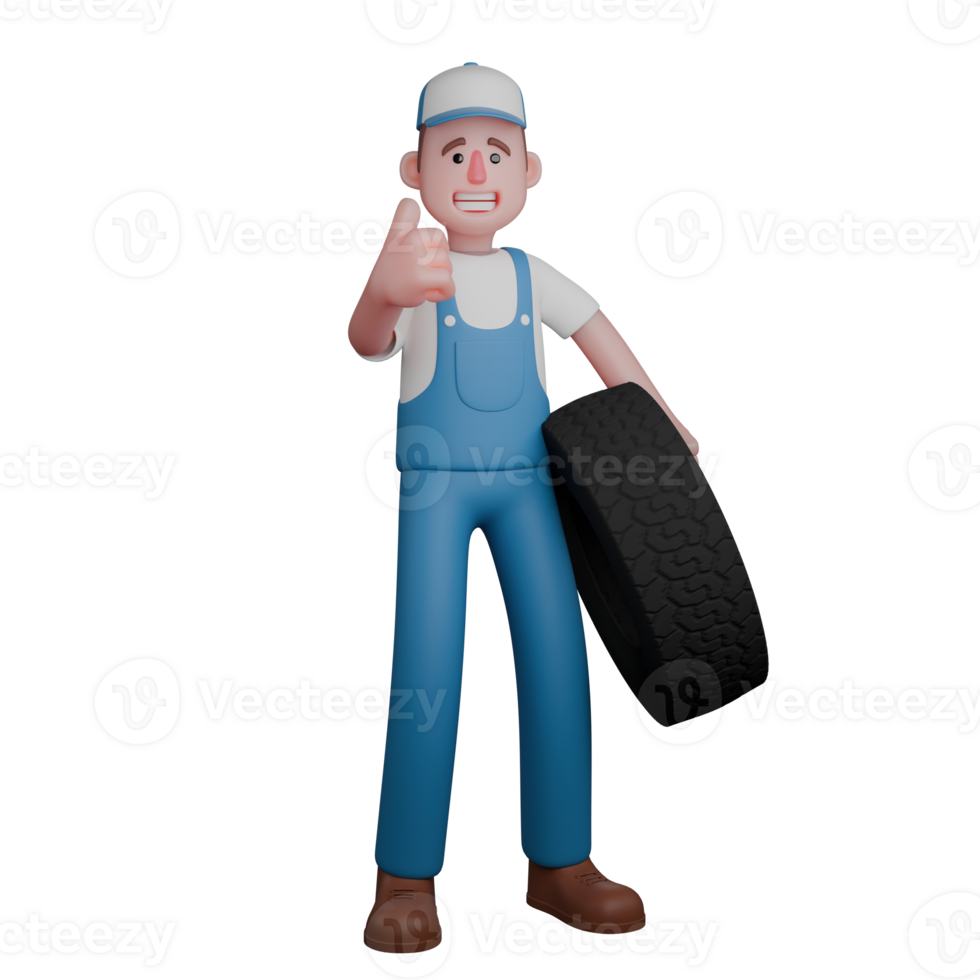 Cartoon Style Auto Technician. A confident mechanic in a blue uniform, holding a car tire and giving a thumbs-up. 3D Male Mechanic png