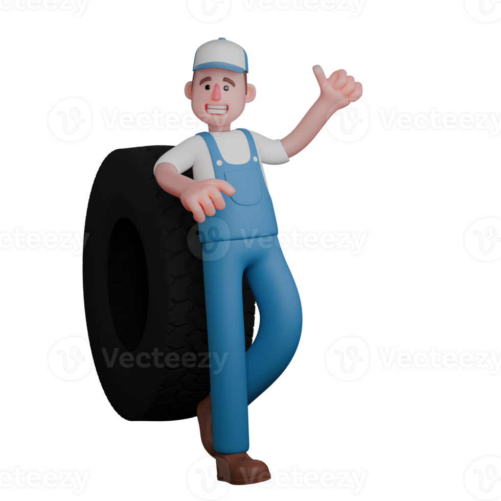 Male Automotive Artist 3D Model. A mechanic leans on the wheel with his thumb raised. Mechanic Cartoon png