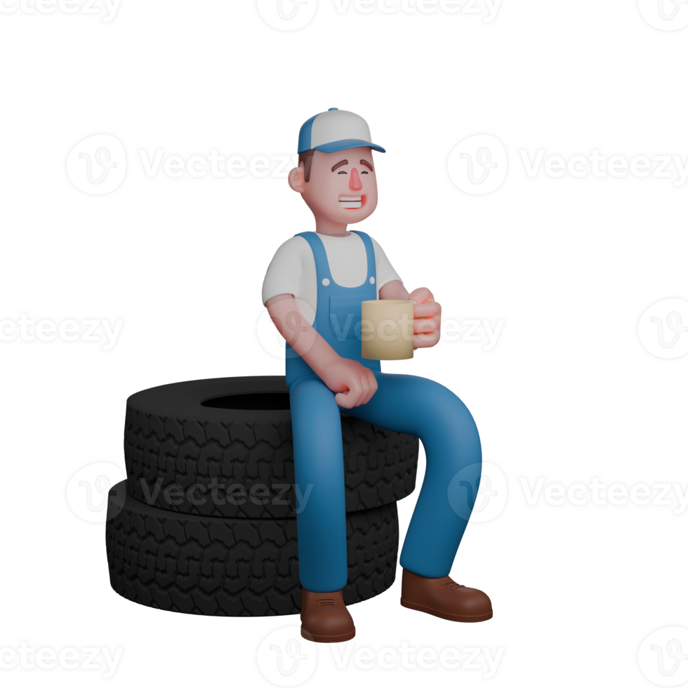 3D Model of Male Mechanic. A mechanic sits relaxed on a pile of wheels with his left hand holding a cup. Professional Technician png