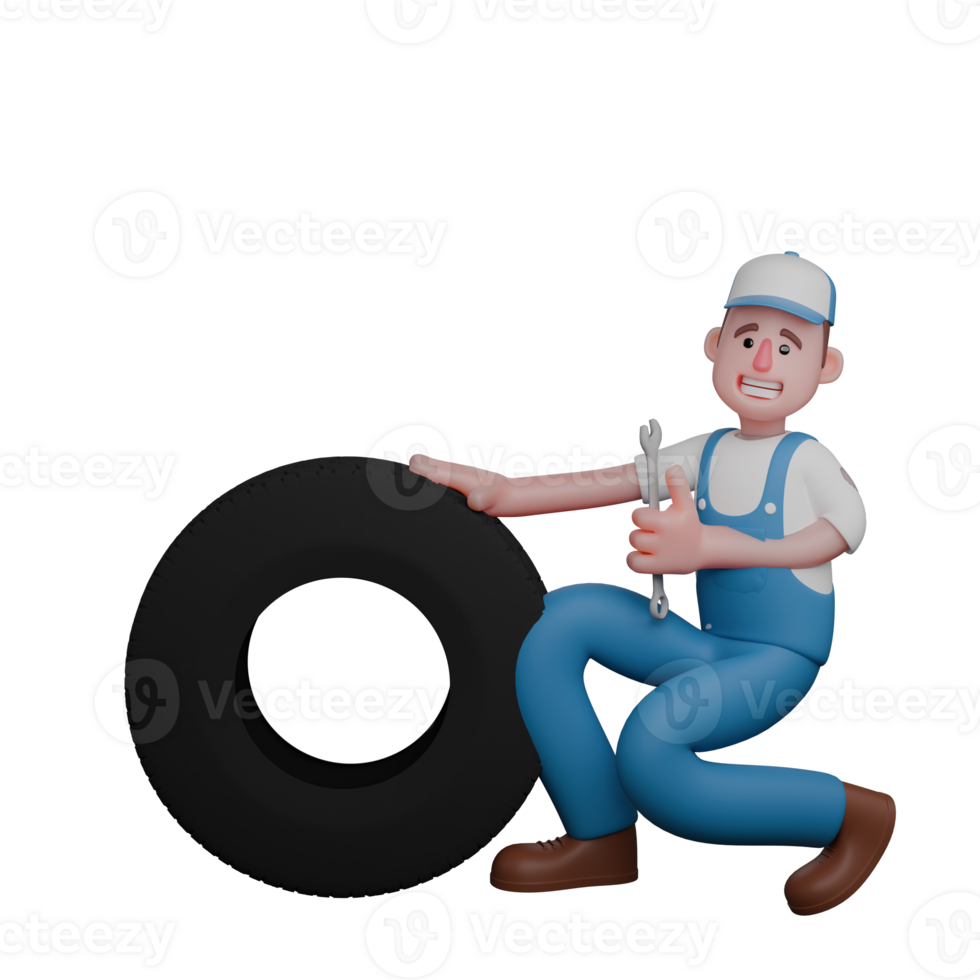 3D Automotive Character. A mechanic crouches with his right hand holding the wheel while his left hand holds the crank. gMale Mechanic png