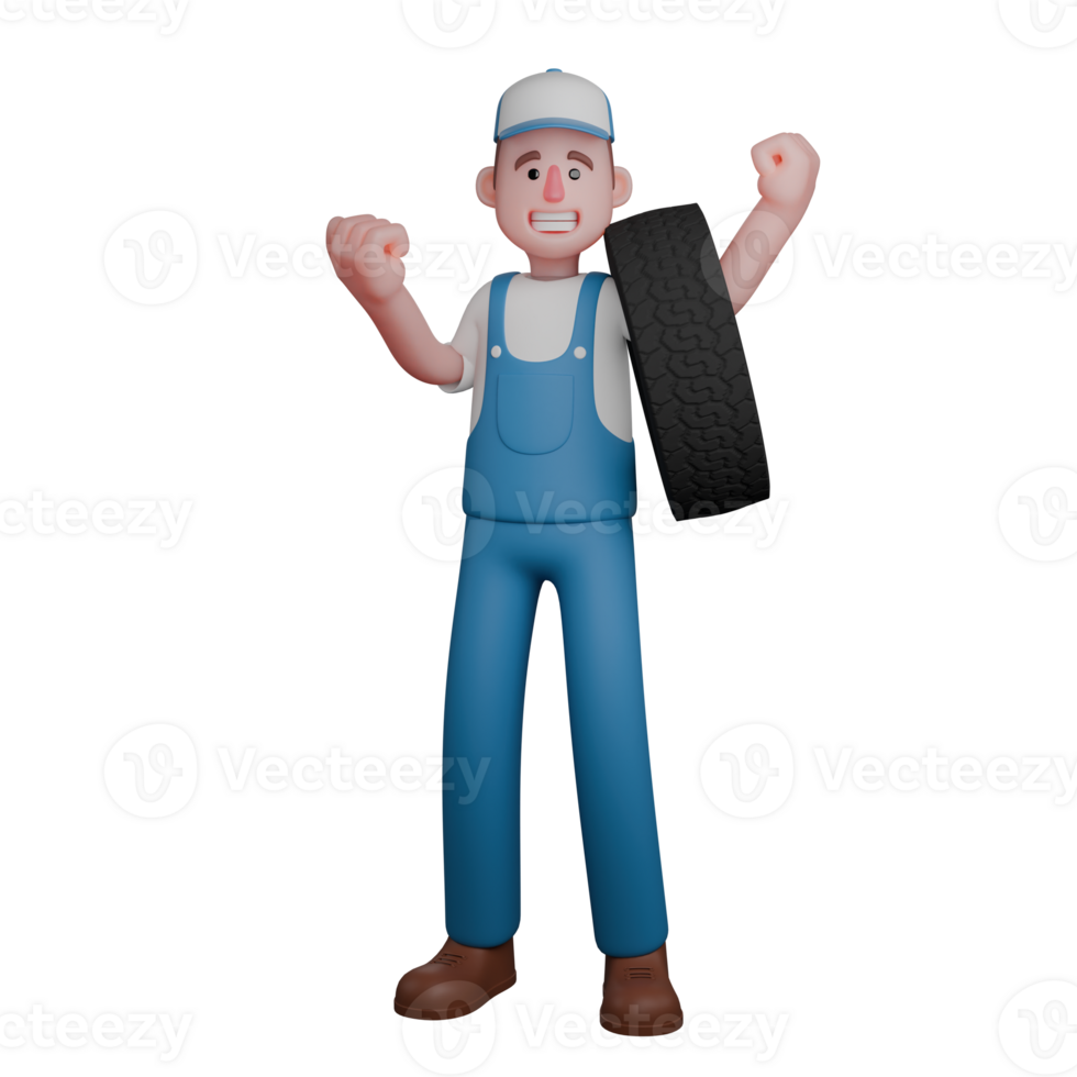 Mechanic's Daily Routine in 3D. A mechanic stands with both arms raised and a wheel on his left arm. Male Cartoon png
